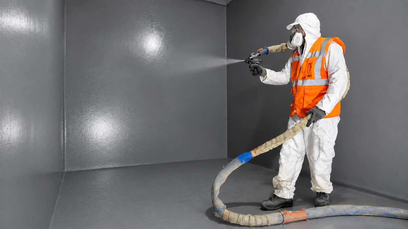 An applicator in overalls and an orange vest sprays the coating on the wall