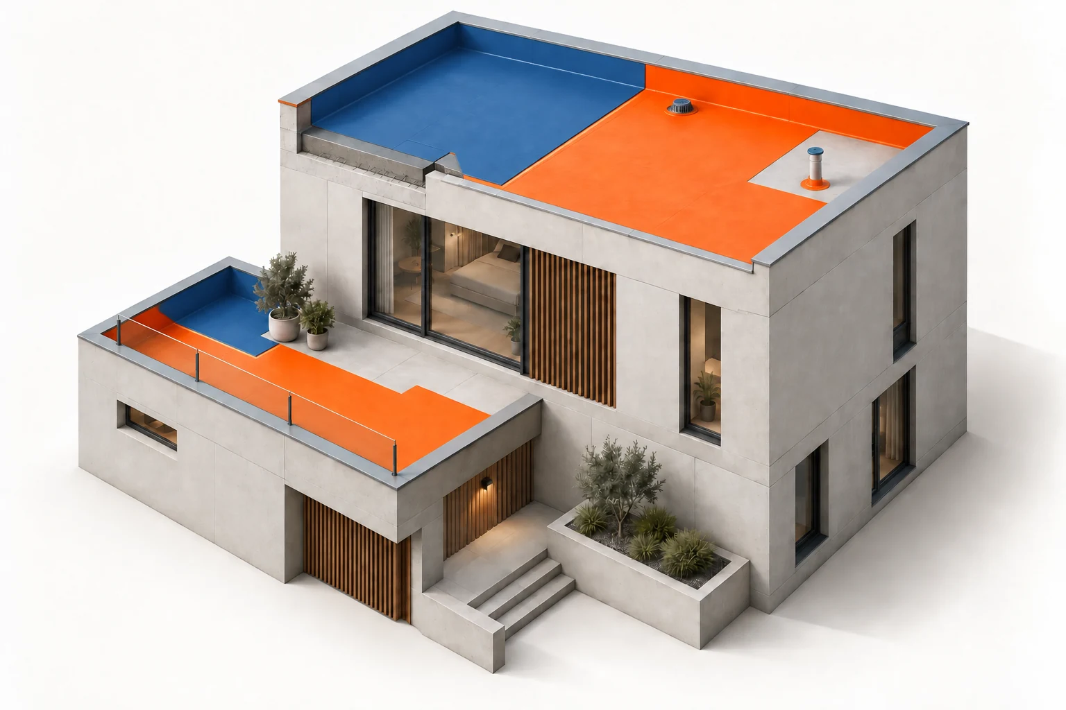 Rendering of a building with a flat roof, terrace and exposed waterproofing detail.
