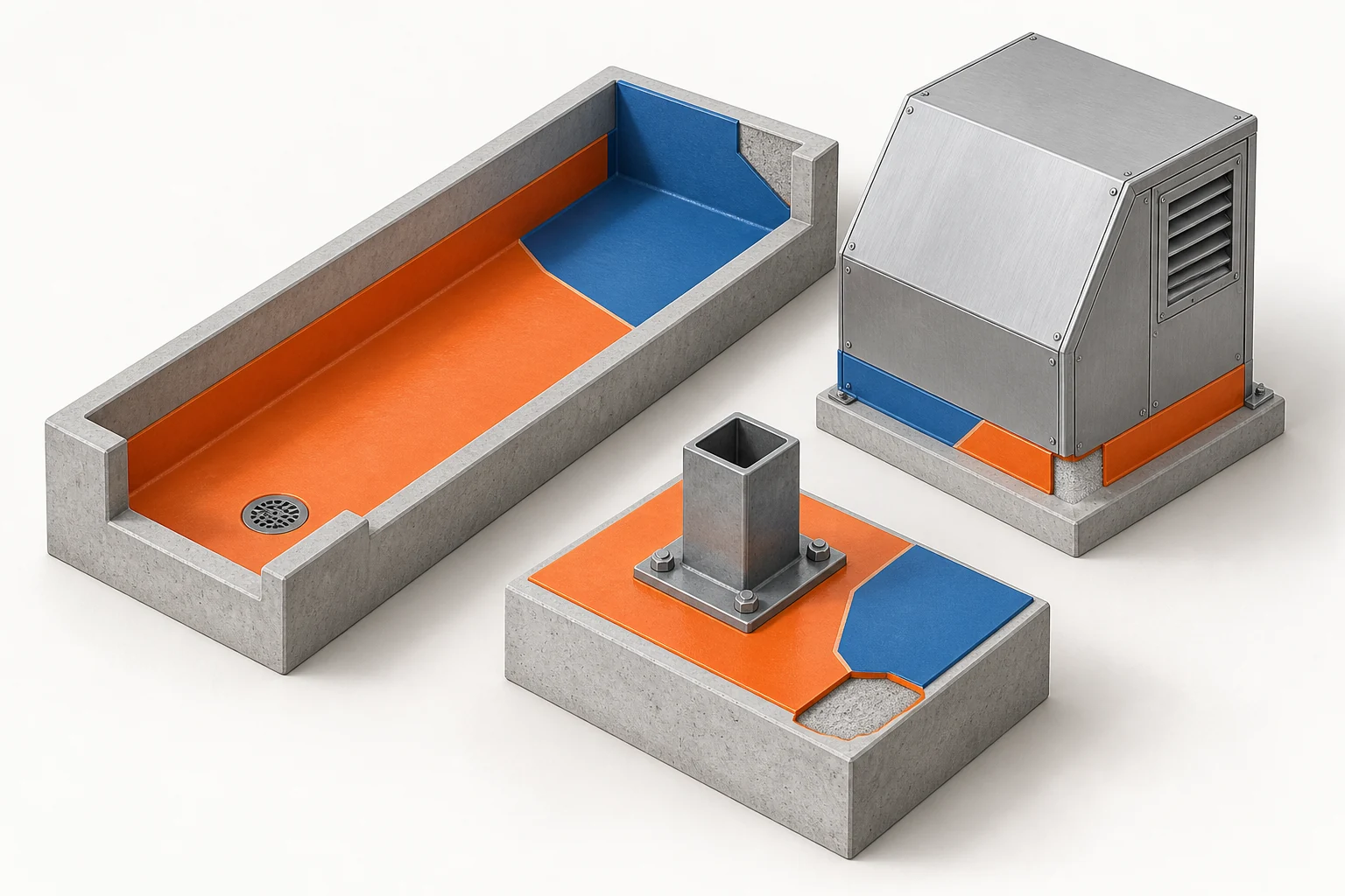 Visualisation of concrete and steel components protected by a coating.