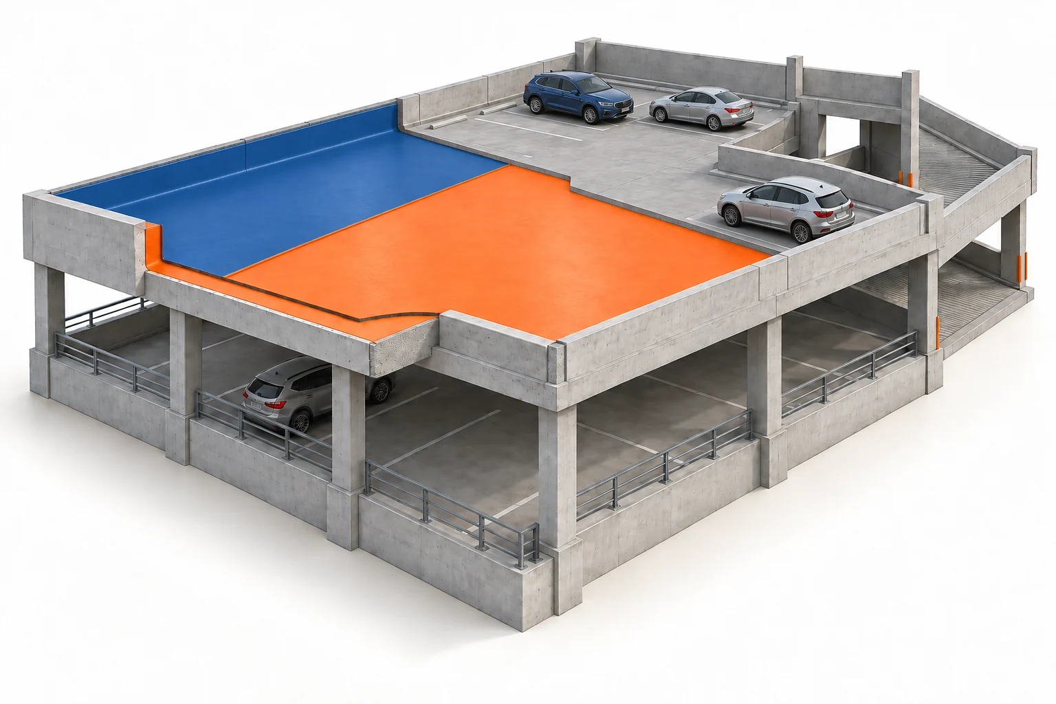 Rendering of a two-level car park with a cross-section showing the membrane beneath the wearing layer.