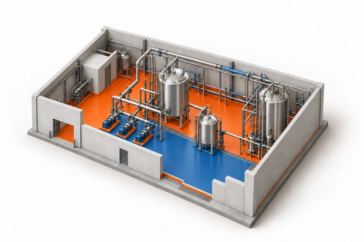 Rendering of an industrial hall interior with process equipment and a protective floor coating.