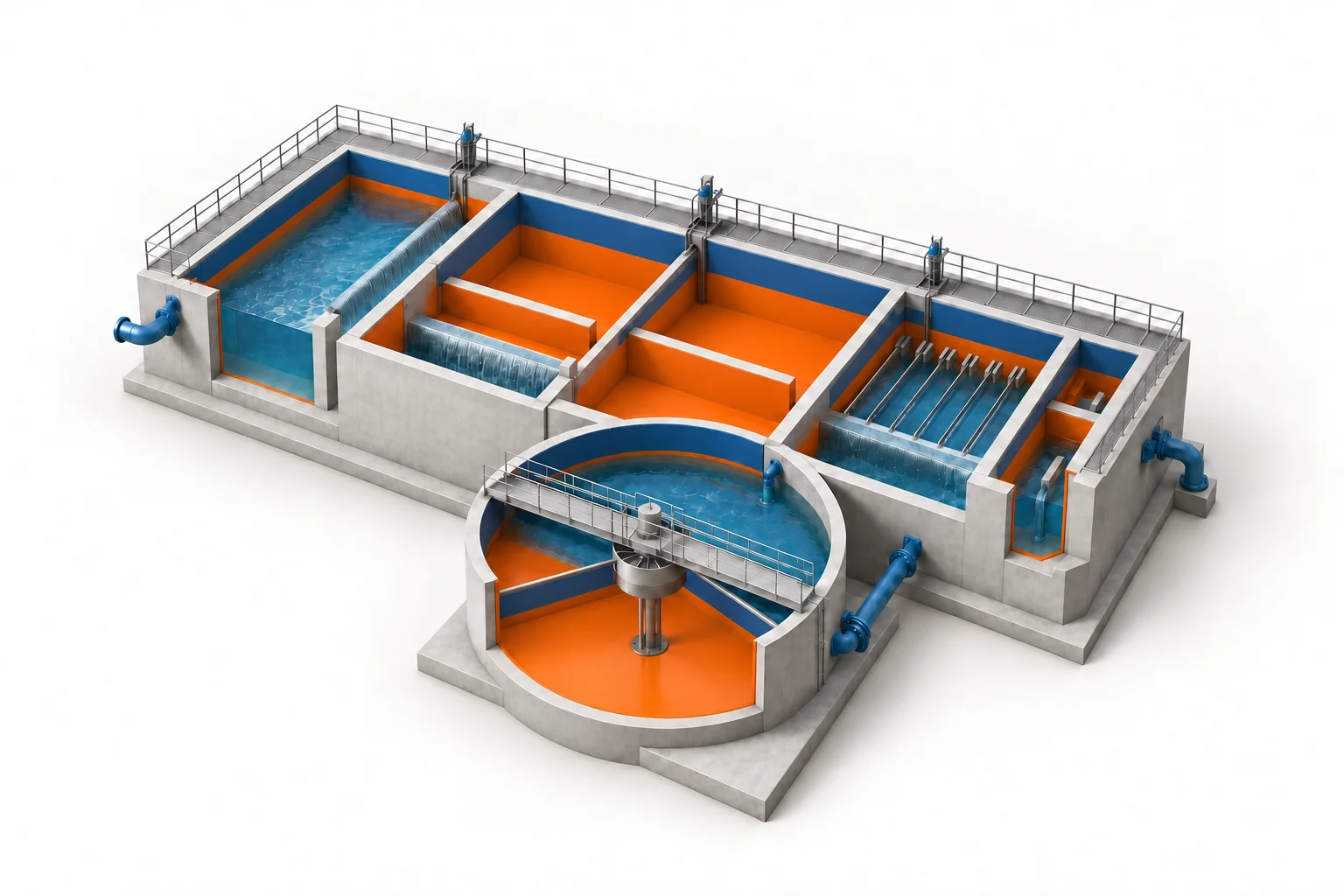 Rendering of a rectangular tank and a circular settling tank with the protective coating highlighted.