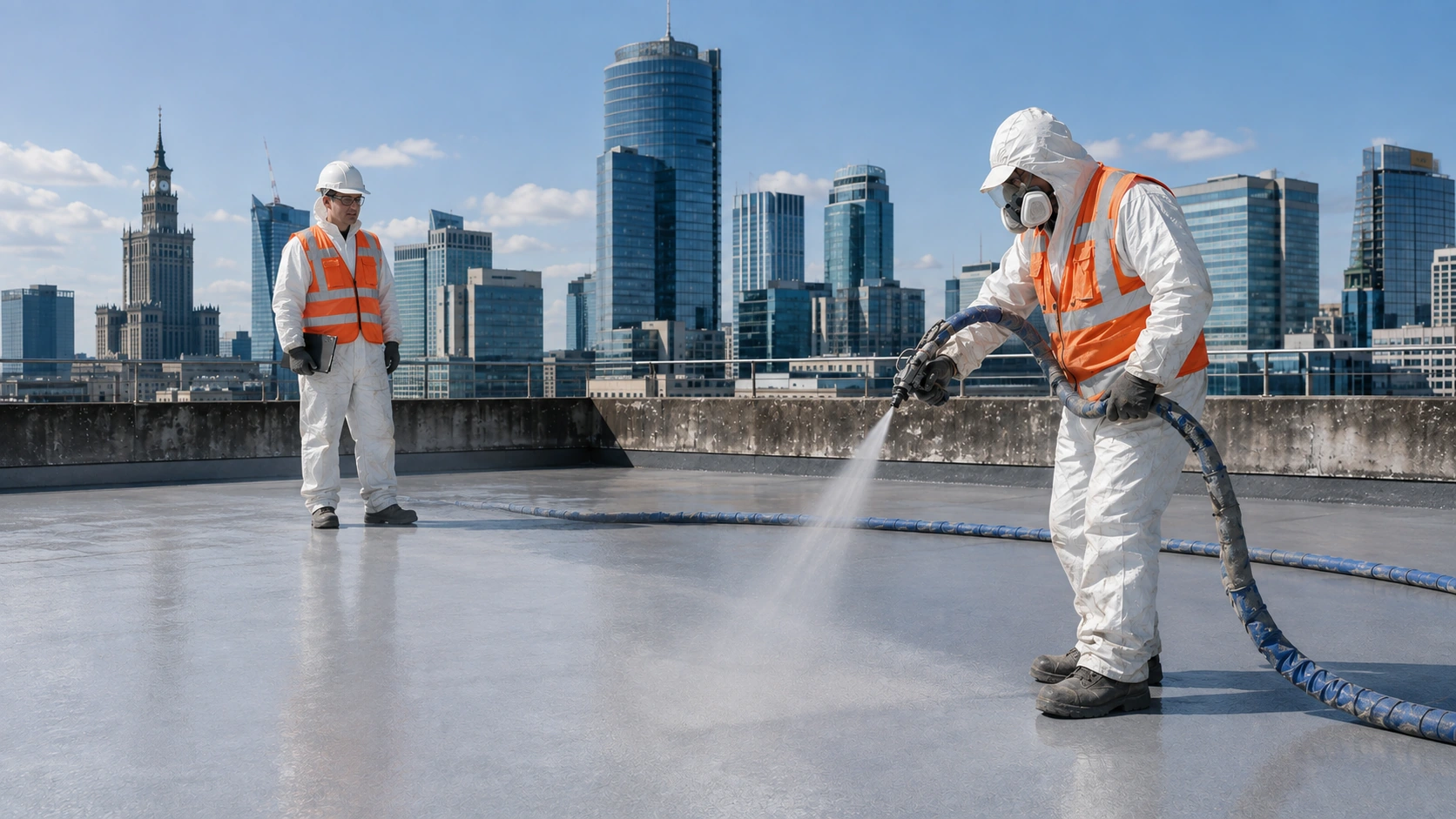 Visualisation of spray application to a roof in Warsaw: an applicator and supervisor in a white hard hat, white coveralls and blue hoses