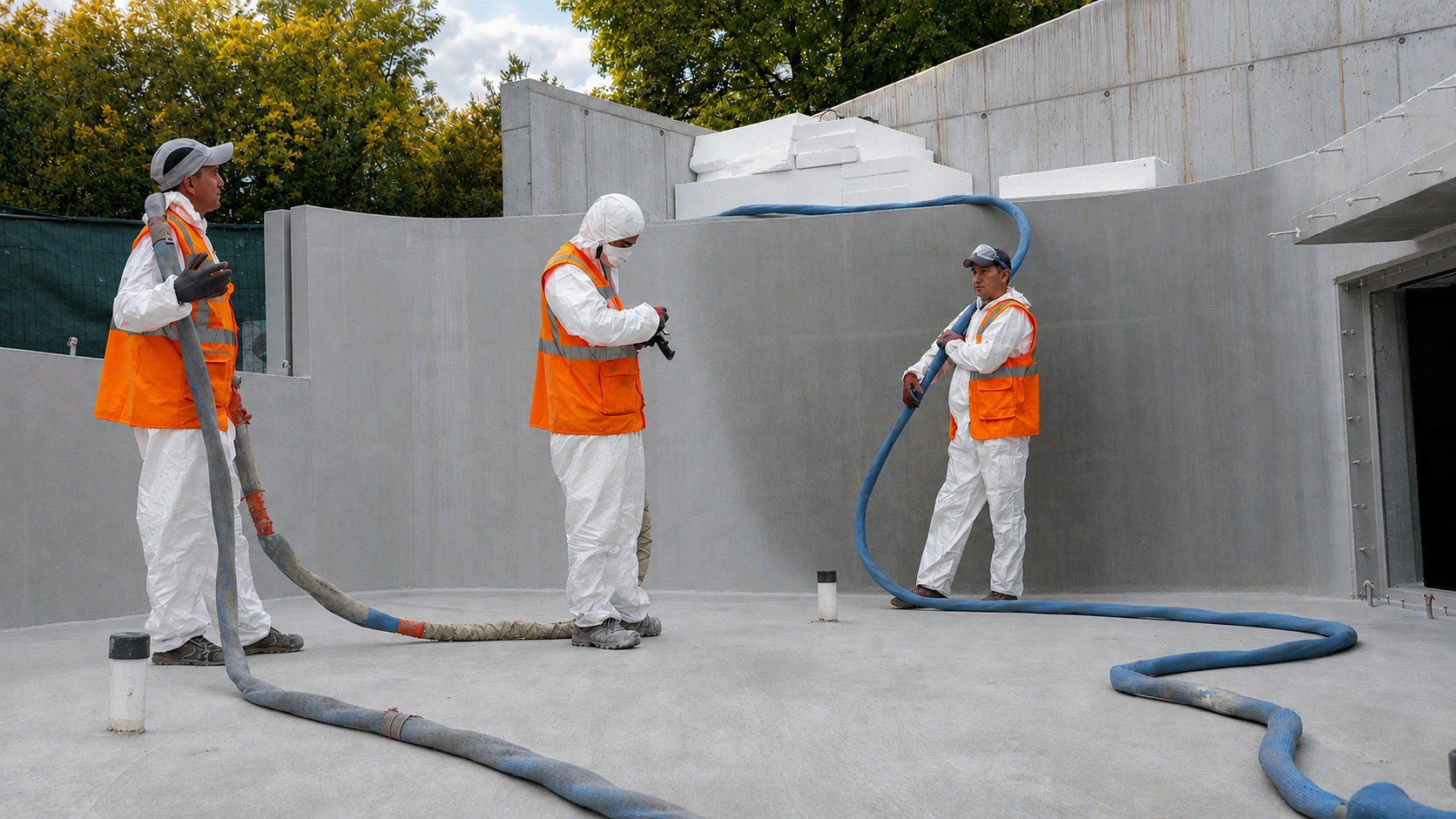 Three workers in protective clothing applying the coating in a basin